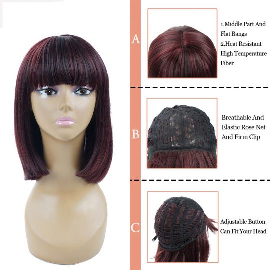 Burgundy Short Synthetic Wigs With Bangs For Women Black 14 inch Straight African American Heat Resistant Wigs