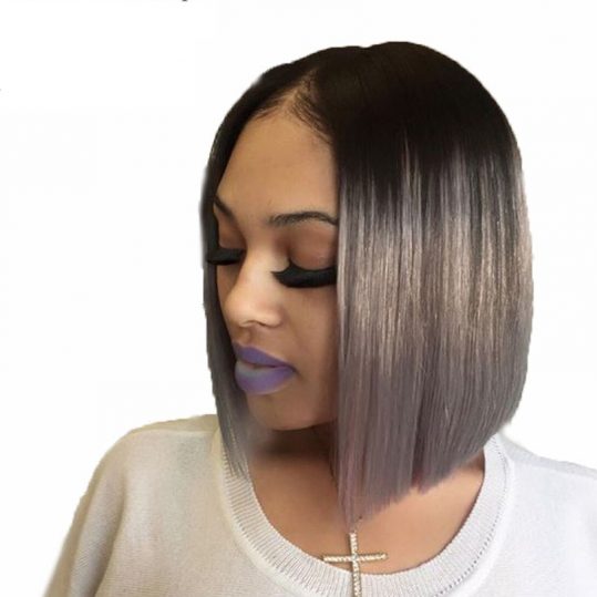 Ombre Gray Lace Front Human Hair Wig with Black Roots 130 Density Lace Frontal Short Bob Cut 13*3 Wig Brazilian Remy Hair
