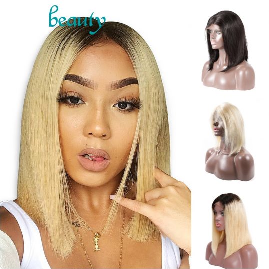 1B 613 Ombre Blonde Lace Front Human Hair Wigs For Black Women Brazilian Short Bob Straight Frontal Wigs pre plucked